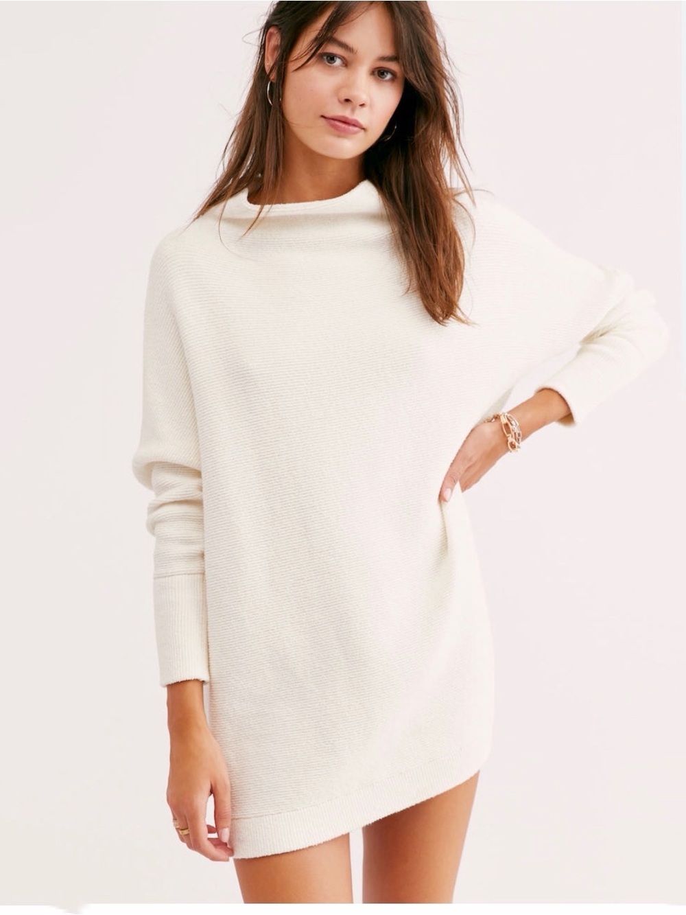 Free People Cream Ottoman Slouchy Cowl Neck Tunic Sweater Size M
